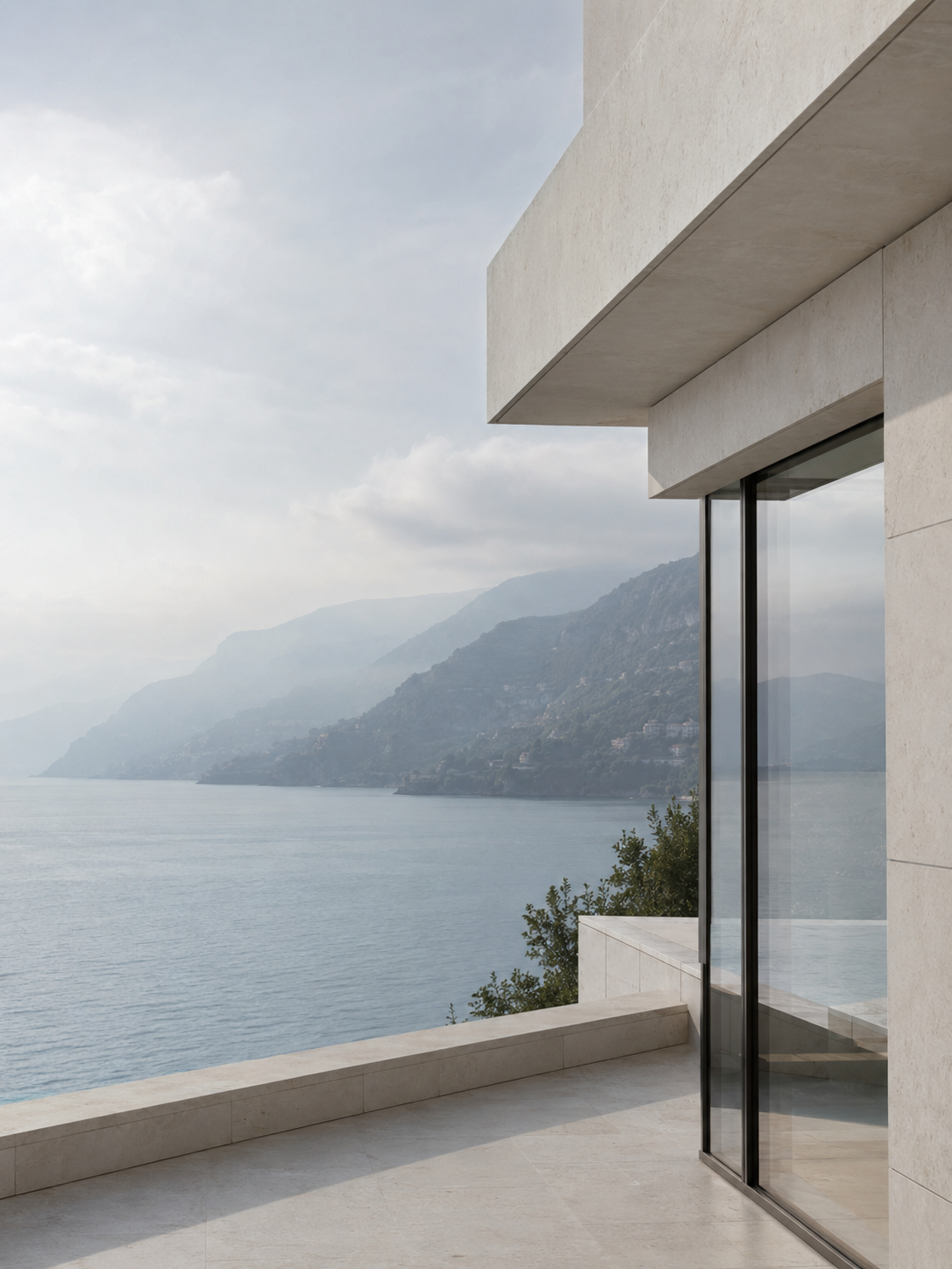 Contemporary coastal architecture overlooking calm water